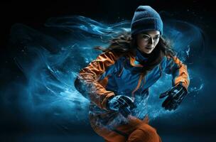 AI generated a woman in blue on ice performing tricks, photo