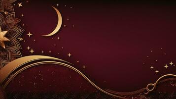 AI generated A rich burgundy and gold background with intricate geometric patterns and a striking crescent moon and stars photo