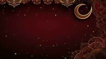 AI generated A rich burgundy and gold background with intricate geometric patterns and a striking crescent moon and stars photo