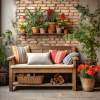 AI generated A rustic wooden bench with a cushion, a woven basket of colorful flowers, photo