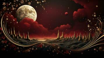 AI generated A rich burgundy and gold background with intricate geometric patterns and a striking crescent moon and stars photo