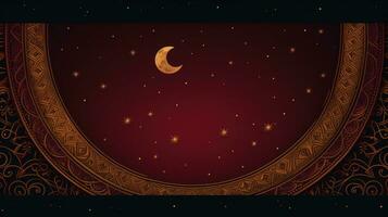 AI generated A rich burgundy and gold background with intricate geometric patterns and a striking crescent moon and stars photo