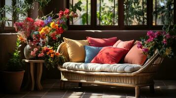 AI generated A rustic wooden bench with a cushion, a woven basket of colorful flowers, photo
