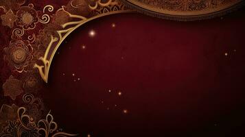 AI generated A rich burgundy and gold background with intricate geometric patterns and a striking crescent moon and stars photo