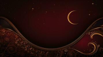 AI generated A rich burgundy and gold background with intricate geometric patterns and a striking crescent moon and stars photo