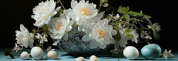 AI generated a round table covered with eggs, peonies, easter treats, photo