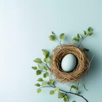 ai generado un sencillo aún elegante imagen de un soltero Pascua de Resurrección huevo en un nido rodeado foto
