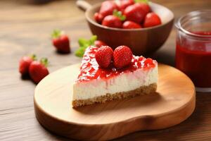 AI generated A piece of cheesecake adorned with strawberry topping on a wooden table featuring a creamy ivory and rich brown color scheme photo