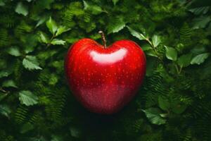 AI generated A Glossy Red Apple Against a Vibrant Green Grass and Leaves Background photo