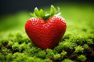AI generated A Heart Shaped Strawberry on a Mossy Bed Featuring a Vivid Red and Earth Tone Green Color Scheme photo