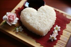 AI generated A Rice Portion in a Heart Shape on a Bamboo Mat Featuring Pearly White and Earthy Brown Hues photo
