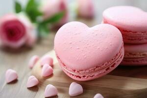 AI generated A pink macaron in the shape of a heart on a wooden surface photo