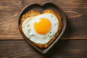 AI generated Fried Egg in Heart Shape on a Cast Iron Skillet with Golden Yellow and Black Iron Color Tones photo