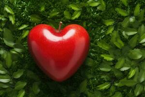 AI generated A Glossy Red Apple with a Heart Shape on a Background of Lush Grass and Leafy Greens photo