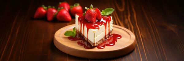 AI generated A slice of cheesecake topped with strawberries on a wooden table featuring creamy off white and warm brown hues photo