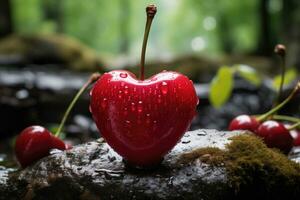 ai generado un naturalmente corazón conformado Cereza en musgo con un color paleta de vívido rojo y terroso matices foto