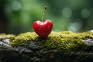 AI generated A Heart Shaped Cherry Resting on Moss and Pebbles Displaying a Vivid Red and Earth Tones Color Scheme photo