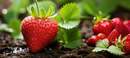 AI generated A Strawberry Surrounded by Leaves Featuring a Color Scheme of Vivid Red and Natural Greens on the Ground photo