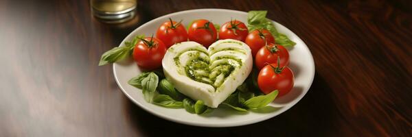 ai generado un caprese ensalada presentando corazón conformado queso Mozzarella y maduro Tomates en un blanco plato con un color esquema de cremoso blanco, vívido rojo, y vibrante verde foto
