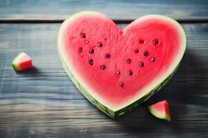 AI generated A Watermelon Slice with a Heart Shaped Center on a Wooden Surface Featuring a Juicy Pink and Fresh Green Color Palette photo