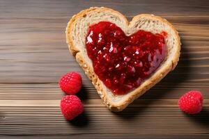 AI generated Slice of Toast with Heart Shaped Jam on a Wooden Counter Displaying a Ruby Red and Warm Brown Color Palette photo