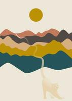 Landscape with river, sunrise, cat. Aesthetic trendy mid century modern poster. vector