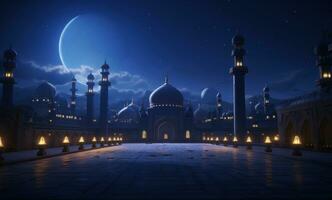 ai generado un mezquita es iluminado arriba con un abierto creciente, foto