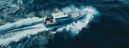 ai generado un motora de viaje en el Oceano desde un gastos generales aéreo vista, foto