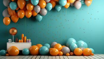 AI generated a party on a table with various balloons and decorations, photo