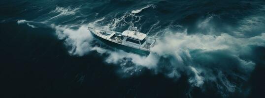 ai generado un motora de viaje en el Oceano desde un gastos generales aéreo vista, foto