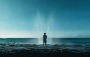 AI generated a man posing with water falling over him, beside a beach, photo