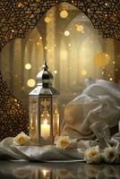 AI generated A majestic silver and gold background with beautiful Arabic calligraphy and a glistening lantern centerpiece photo