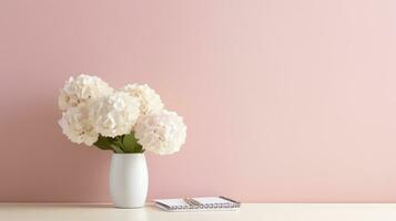 AI generated A minimalist white desk with a vase of fresh white hydrangeas photo