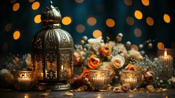 AI generated A majestic silver and gold background with beautiful Arabic calligraphy and a glistening lantern centerpiece photo