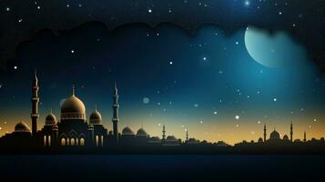 AI generated A lavish blue and gold background with elegant floral designs and a stunning mosque silhouette. photo