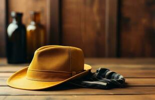 AI generated a hat, jeans and a wallet lay on a white table, photo