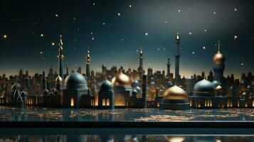 AI generated A lavish blue and gold background with elegant floral designs and a stunning mosque silhouette. photo