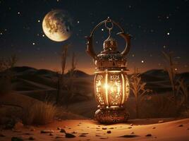 ai generado un linterna ligero en el Desierto con el Luna y creciente, foto