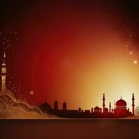 AI generated A luxurious red and gold background with ornate floral designs and a traditional mosque silhouette photo