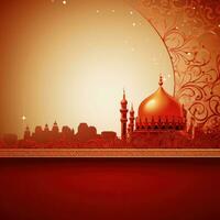 AI generated A luxurious red and gold background with ornate floral designs and a traditional mosque silhouette photo