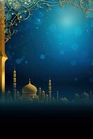 AI generated A lavish blue and gold background with elegant floral designs and a stunning mosque silhouette. photo