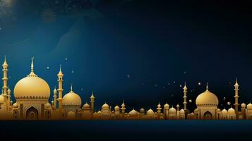 AI generated A lavish blue and gold background with elegant floral designs and a stunning mosque silhouette. photo