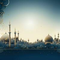 AI generated A lavish blue and gold background with elegant floral designs and a stunning mosque silhouette. photo