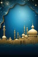 AI generated A lavish blue and gold background with elegant floral designs and a stunning mosque silhouette. photo