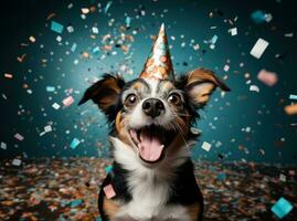 AI generated a dog standing in a party hat with red and yellow bow in the middle, photo