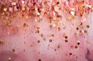 AI generated a gold confetti rose gold pink background pink confetti, instax film, photo