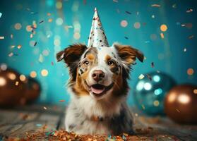 ai generado un perro en pie en un fiesta sombrero con rojo y amarillo arco en el medio, foto