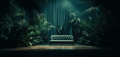 AI generated a dark room decorated with palms and leaves, photo
