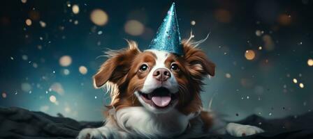 AI generated a dog in a party hat is blowing out his nose, photo