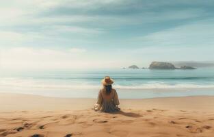 ai generado un niña sentado siguiente a el Oceano en un playa, foto